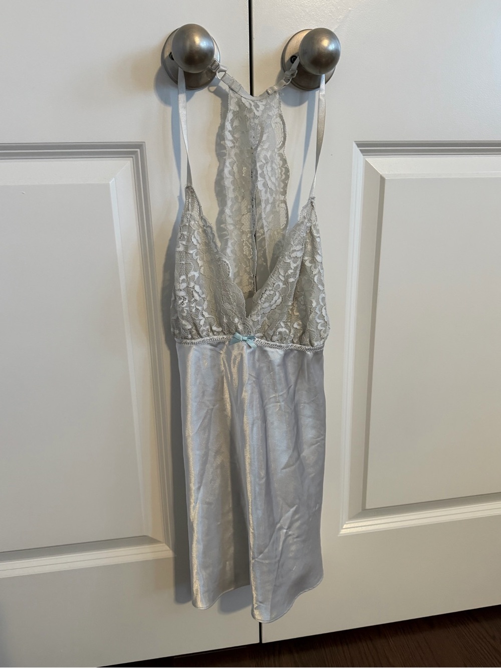 Lace-Trim Satin Chemise Tank in Light Silver